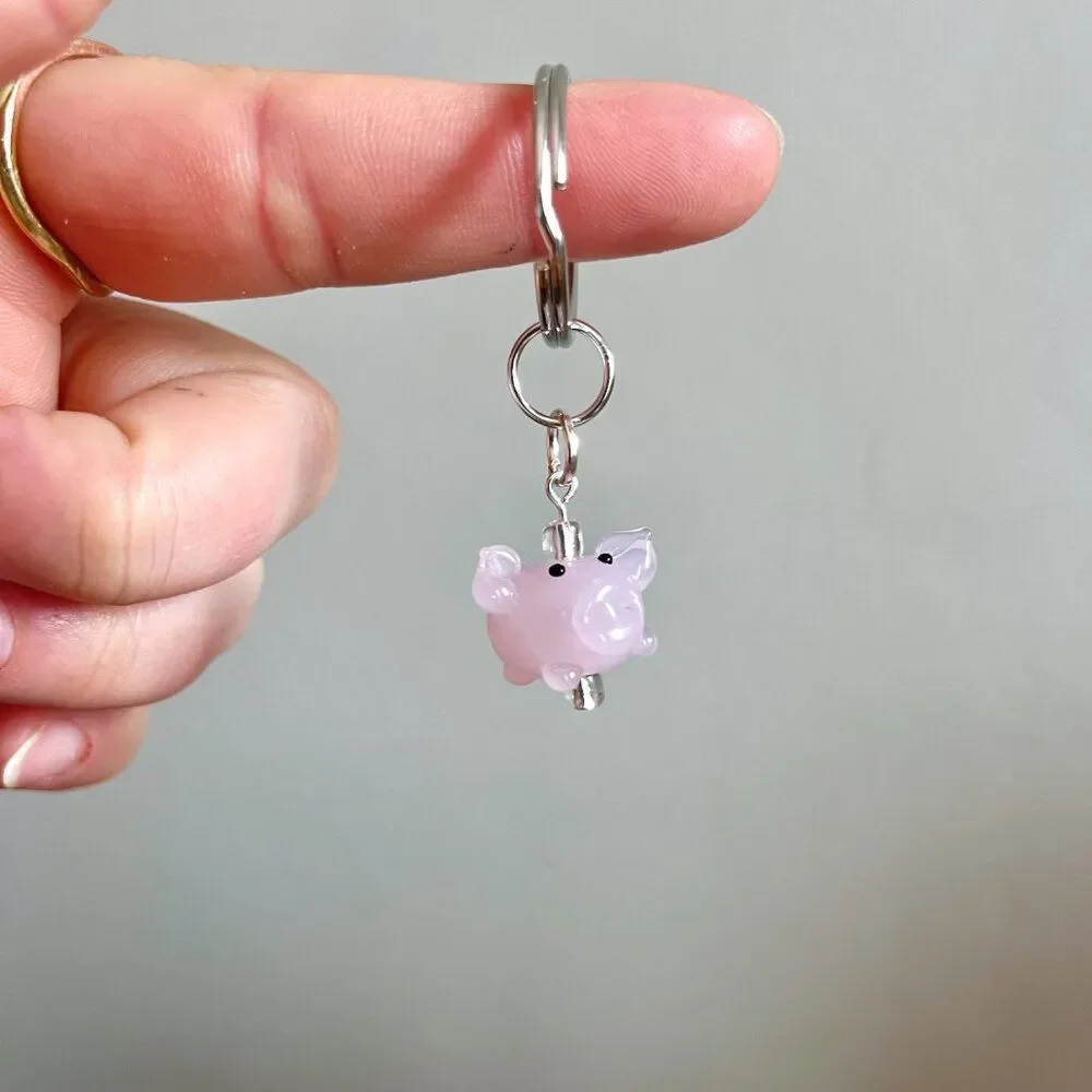 Glass Pink Pig Charm Key Chain